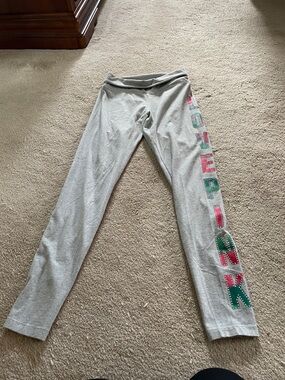 RHINESTONE VICTORIAS SECRET PINK Gray Leggings with Pink & Teal Lettering